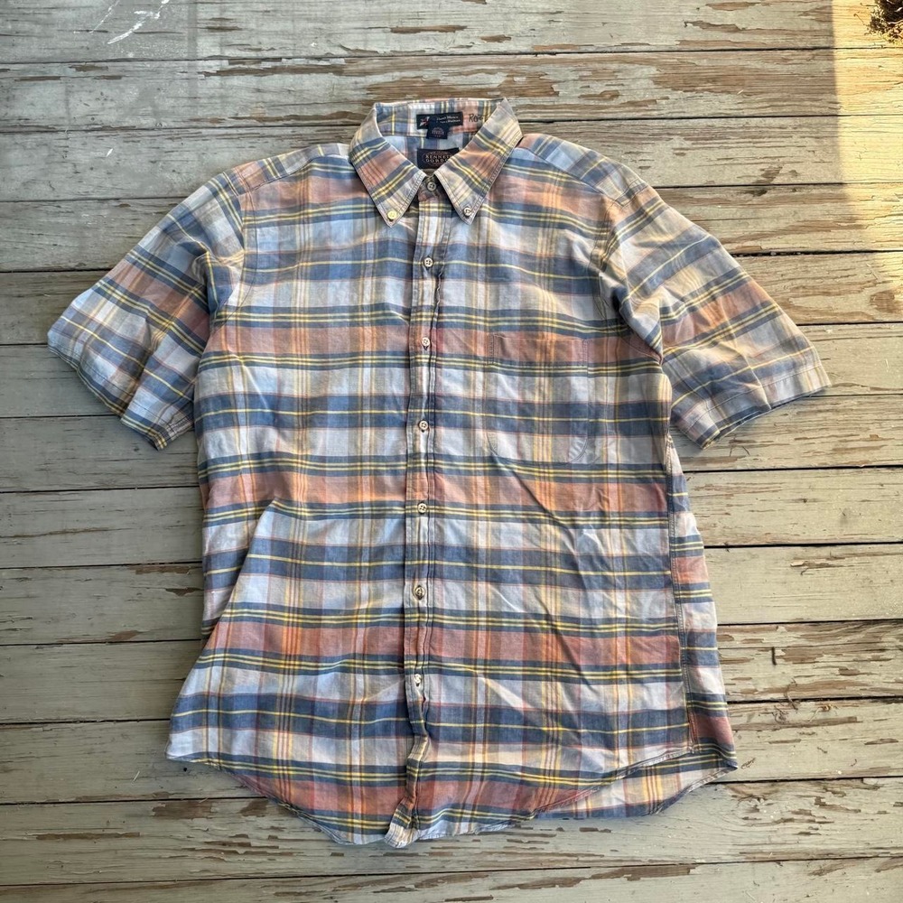 Vintage Kenneth Gordon Indian Madras Plaid Shirt Mens Large Made in USA Blue L